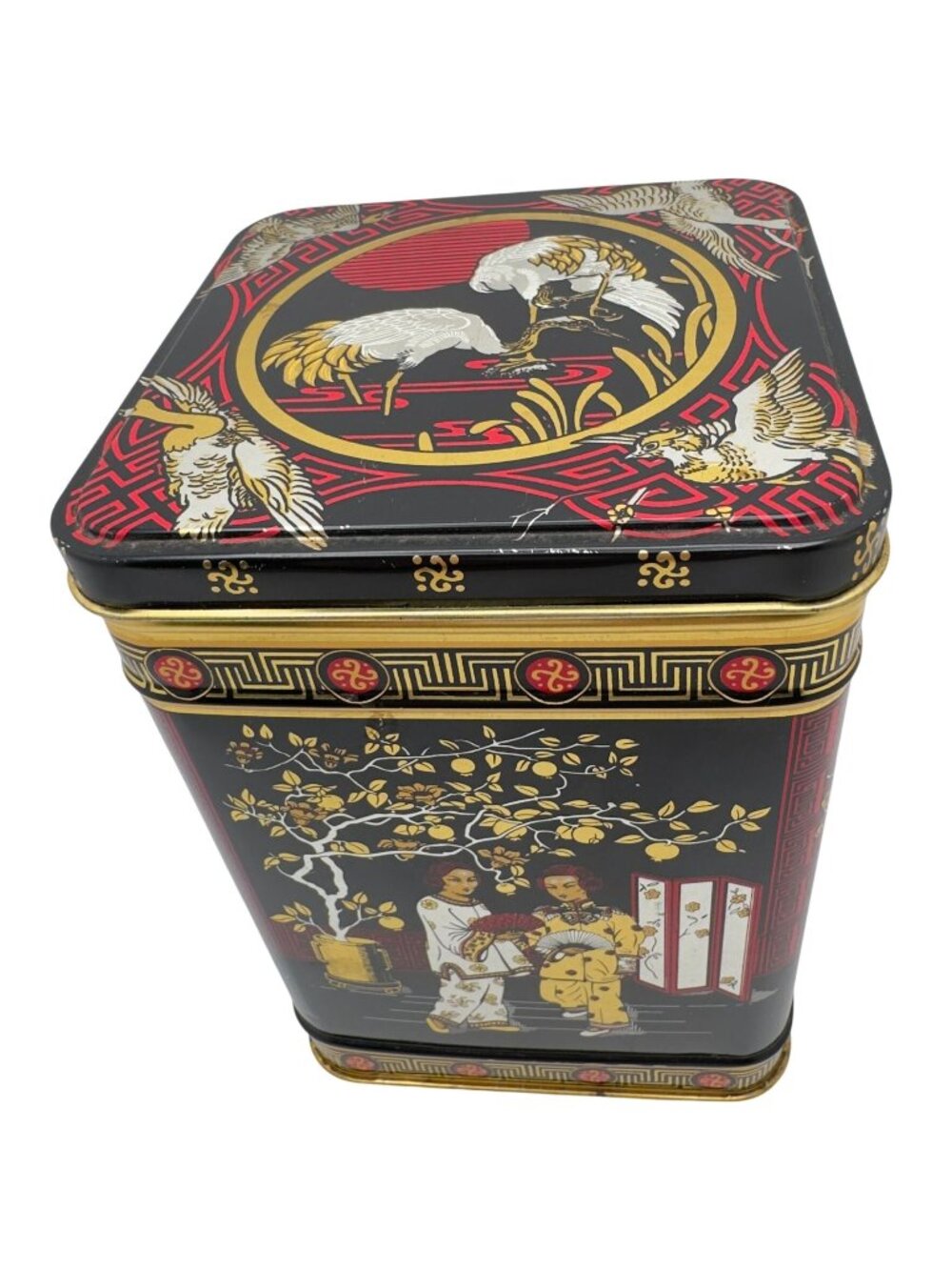 Vintage Asian Decorative Black Gold Metal Tin Crane & Floral Motifs 6"